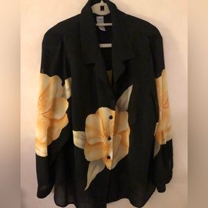 Sag Harbor Woman Chiffon Long Sleeve Button Down Black & Floral Blouse, 3X
